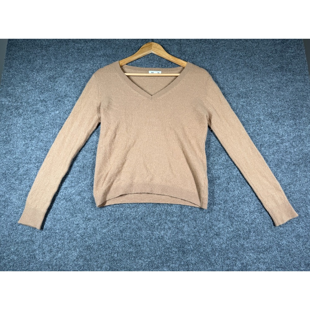 Nordstrom Cashmere Sweater Womens Medium Tan Beige Knit Ribbed Cuffed Hem V-Neck